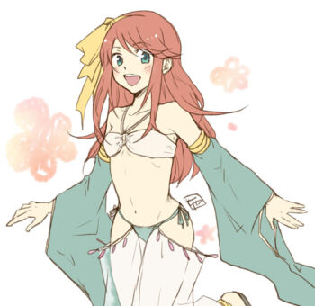 1girl alternate_color bikini blue_bikini blue_sleeves chiya_(beastbeast) commentary_request cowboy_shot dancer detached_sleeves flat_chest green_eyes gypsy_(ragnarok_online) harem_pants long_hair looking_at_viewer lowres navel open_mouth pants pink_hair ragnarok_online simple_background solo swimsuit white_background white_bikini white_pants