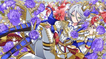 1girl aiguillette bad_id bad_twitter_id black_boots boots closed_mouth crossed_legs crown epaulettes floral_background flower green_eyes grey_hair hair_between_eyes hair_flower hair_ornament hand_up highres holding holding_microphone idol_clothes jacket juliet_sleeves knee_boots long_sleeves looking_at_viewer meremero microphone pants pretty_series pripara puffy_sleeves purple_flower purple_rose red_flower rose shikyoin_hibiki short_hair sitting smile solo tassel white_jacket white_pants