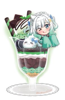 &gt;_o 1girl ;q amaimi blue_eyes chibi closed_mouth commentary_request dress food frilled_sleeves frills green_dress green_hair hair_ornament ice_cream indie_virtual_youtuber looking_at_viewer maid_headdress medium_hair mint_fantome one_eye_closed plate smile solo sundae tongue tongue_out triangular_headpiece twitter_username two_side_up very_long_sleeves virtual_youtuber wafer_stick white_background white_hair x_hair_ornament