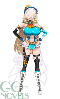 alicia_(goetia_shock) blonde_hair boots breasts goetia_shock huge_breasts large_breasts navel official_art ookuma_nekosuke ponytail swimsuit white_boots