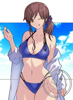 Rule 34 | 1girl, bikini, blue bikini, blue sky, breasts, brown eyes, brown hair, cloud, highres, hirakawa, long sleeves, noel (tsukihime), off shoulder, one eye closed, shirt, sky, solo, swimsuit, tongue, tongue out, tsukihime, tsukihime (remake)