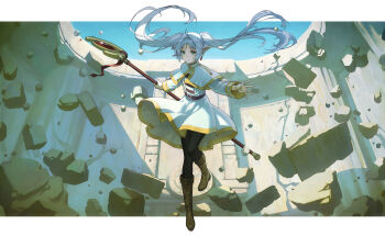 1girl absurdres black_leggings boots brown_boots checkered_clothes checkered_shirt commentary_request earrings elf frieren full_body gold_trim green_eyes highres holding holding_staff imageprogram_(kent) jewelry leggings long_hair looking_at_viewer mage_staff pointy_ears ruins shirt solo sousou_no_frieren staff twintails white_hair