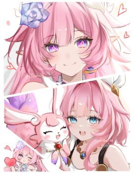 2girls ;) bare_shoulders blue_eyes chibi cyrene_(aedes_elysiae)_(honkai:_star_rail) cyrene_(honkai:_star_rail) cyrene_(ripples_of_past_reverie)_(honkai:_star_rail) diamond-shaped_pupils diamond_(shape) earrings flower hair_flower hair_ornament hashtag-only_commentary heart highres holding holding_heart honkai:_star_rail honkai_(series) jewelry long_hair looking_at_viewer mem_(honkai:_star_rail) memi_58 multicolored_hair multiple_girls necklace one_eye_closed pink_hair pointy_ears purple_eyes short_hair simple_background smile symbol-shaped_pupils twitter_username two-tone_hair very_long_hair white_background white_hair