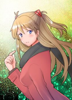 1girl :&lt; blue_eyes blush breasts brown_hair female_focus gradient_background highres long_hair looking_back medium_breasts neon_genesis_evangelion sakai_hamachi simple_background solo souryuu_asuka_langley twintails very_long_hair