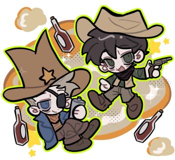 2boys :d animification blue_coat blue_eyes bottle brown_hair brown_hat brown_neckerchief brown_pants brown_shirt brown_shoes brown_vest chibi chibi_only chinese_commentary coat cola commentary_request cowboy cowboy_hat cowboy_western edd_(eddsworld) eddsworld edward_gold_(eddsworld) eyepatch green_eyes green_shirt gun hair_behind_ear hat highres hip_flask holding holding_gun holding_weapon immuir long_sleeves male_focus multiple_boys neckerchief official_alternate_costume open_clothes open_coat open_mouth open_vest pants sheriff_(western) shirt shoes short_hair simple_background smile spiked_hair star_(symbol) thick_lineart thompson_(eddsworld) tom_(eddsworld) vest weapon western white_background