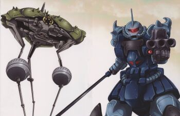 1990s_(style) absurdres apsalus arm_cannon beam_cannon cable cloud cloudy_sky concept_art gouf gouf_custom gundam gundam_08th_ms_team highres katoki_hajime machinery mecha mecha_focus mobile_suit official_art one-eyed radio_antenna retro_artstyle robot scan science_fiction shoulder_spikes sky spikes sword traditional_media weapon