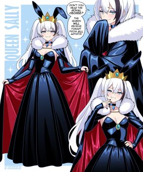 1girl absurdres alternate_costume animal_ear_hairband animal_ears black_choker black_cloak black_dress black_hairband black_nails black_sleeves black_streaks blue_background blue_eyeliner blue_eyes blue_gemstone blush borrowed_character breasts bright_pupils brooch choker cleavage cloak closed_mouth collarbone commentary crossed_bangs detached_sleeves deviantart_username double-parted_bangs dress english_commentary english_text eyeliner fake_animal_ears fur-trimmed_cloak fur_trim gem gold_tiara hair_between_eyes hairband hand_to_own_mouth hand_up highres jewelry long_dress long_hair looking_at_viewer makeup medium_breasts multicolored_eyes multicolored_hair multiple_views nico-neko original parted_lips pink_eyes rabbit_ear_hairband rabbit_ears red_cloak sally_sinclair single_hair_streak sleeveless sleeveless_dress sleeves_past_wrists smile sparkle speech_bubble strapless strapless_dress streaked_hair twitter_username two-tone_background two-tone_cloak two-tone_eyes two_side_up white_background white_hair white_pupils