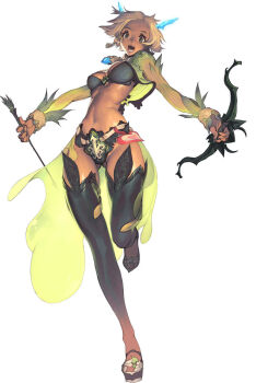 :d arrow belt bikini bikini_top_only black_legwear blonde_hair blue_eyes bow_(weapon) breasts celestine_roaa cleavage crop_top crystal dark_skin earrings heart highres horns jacket jewelry kim_hyung_tae leg_lift leg_up long_sleeves magna_carta magna_carta_2 midriff narrow_waist necklace official_art open_mouth pendant sandals short_hair simple_background skirt smile solo standing swimsuit thighhighs weapon wide_hips