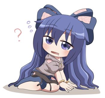 1girl ? bangle barefoot blue_bow blue_eyes blue_hair blue_skirt blush bow bracelet chibi chibi_only commentary_request drawstring drooling full_body grey_hoodie hair_bow hood hood_down hoodie jewelry long_hair open_mouth patch rokugou_daisuke short_sleeves simple_background sitting skirt sleepy solo squeans stuffed_animal stuffed_cat stuffed_toy touhou very_long_hair white_background yorigami_shion