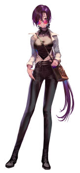 1girl absurdres bag between_breasts breasts character_request copyright_request full_body hair_over_one_eye handbag highres jacket jewelry kanashi_kumo leather leather_pants looking_at_viewer looking_over_eyewear looking_over_glasses medium_breasts necklace pants parted_lips pink-tinted_eyewear pink-tinted_glasses purple-tinted_eyewear purple-tinted_eyewear purple_eyes purple_hair short_hair smile solo standing strap_between_breasts sunglasses thumb_in_pocket tinted_eyewear turtleneck white_jacket