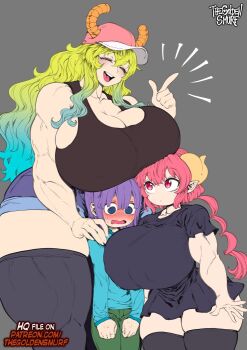 1boy 2girls @_@ blonde_hair blue_eyes blue_hair blush breast_rest breasts breasts_on_head cleavage closed_eyes curvy female_focus hat height_difference horns huge_breasts ilulu_(maidragon) kobayashi-san_chi_no_maidragon long_hair lucoa_(maidragon) magatsuchi_shouta multicolored_hair multiple_girls muscular muscular_female pink_hair pointy_ears purple_hair red_eyes short_hair skindentation tall_female the_golden_smurf thick_thighs thighhighs thighs two-tone_hair wide_hips