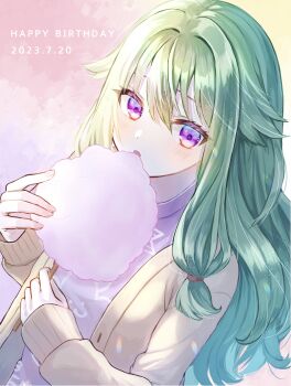 Rule 34 | 1girl, :o, absurdres, ameshi0227, brown jacket, cardigan, check commentary, commentary request, cotton candy, dated, dutch angle, eating, fingernails, food, green hair, hair between eyes, hair flaps, hand up, happy birthday, highres, holding, holding cotton candy, holding food, jacket, kusanagi nene, long hair, long sleeves, looking at viewer, low-tied long hair, multicolored background, open cardigan, open clothes, open jacket, open mouth, pink background, project sekai, purple background, purple eyes, purple shirt, shirt, sidelocks, simple background, sleeves past wrists, solo, upper body, yellow background