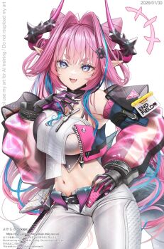 1girl arknights arknights:_endfield bare_shoulders black_gloves black_horns blue_eyes blue_hair breasts commentary crop_top dragon_girl dragon_horns dragon_tail drill_hair gloves hair_intakes horns jacket large_breasts long_hair looking_at_viewer midriff multicolored_gloves multicolored_hair multicolored_horns navel open_mouth pants pink_hair pink_horns pink_jacket pointy_ears simple_background solo streaked_hair tail tight_clothes tight_pants twin_drills twintails two-tone_gloves two-tone_hair two-tone_horns very_long_hair watermark white_background white_pants yokaze_(yokajie) yvonne_(arknights)