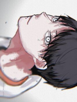 1boy adam's_apple black_hair commentary_request grey_background grey_eyes haikyuu!! highres kageyama_tobio looking_at_viewer male_focus name_unico parted_lips short_hair sideways simple_background solo sportswear sweat teeth twitter_username volleyball_uniform