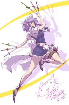 Rule 34 | 1girl, absurdres, ahoge, anime coloring, apron, between fingers, blue dress, bow, braid, breasts, dress, flower, full body, green bow, green ribbon, grey hair, hair between eyes, highres, holding, holding knife, izayoi sakuya, knife, knife shadow, knives between fingers, legs, looking at viewer, lunamoon, maid, maid apron, maid headdress, non-web source, open mouth, purple eyes, resized, ribbon, sheath, short hair, short sleeves, touhou, twin braids, upscaled