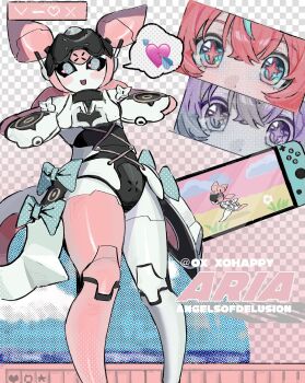 1girl arrow_through_heart black_sclera blue_eyes blush bow character_name checkered_background cloud colored_sclera english_text feet_out_of_frame gradient_background green_bow handheld_game_console hands_up heart heart_hands heart_in_eye highres humanoid_robot looking_at_viewer mechanical_ears open_mouth ox_xohappy polka_dot polka_dot_bow robot robot_girl solo sparkling_eyes spoken_heart symbol_in_eye twitter_username yutane_johiel zenless_zone_zero