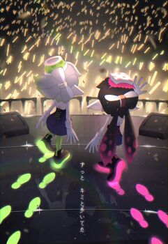 2girls ankle_boots audience black_boots black_dress black_hair boots bow-shaped_hair callie_(splatoon) commentary_request concert dress earrings facing_away film_grain from_behind full_body gloves glowing_footwear glowstick gradient_hair green_hair green_pantyhose grey_hair hand_up highres idol inkling jewelry long_hair marie_(splatoon) medium_hair multicolored_hair multiple_girls nintendo okaranko pantyhose pink_hair pink_pantyhose pointy_ears splatoon_(series) stage standing strapless strapless_dress tentacle_hair translation_request white_gloves