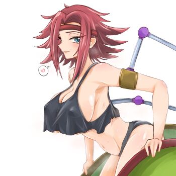 1girl artist_request bare_shoulders black_panties black_tank_top blue_eyes blush breasts code_geass headband highres kouzuki_kallen large_breasts panties red_hair shiny_skin short_hair sideboob simple_background tank_top underwear white_background