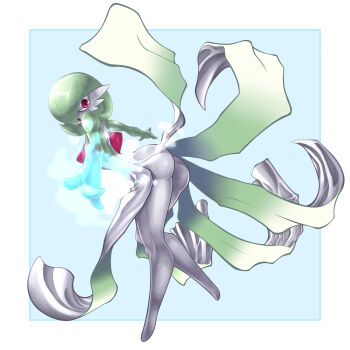 ass bad_deviantart_id bad_id blue_background bob_cut colored_skin dress gardevoir gen_3_pokemon green_hair hair_over_one_eye highres kaikoinu looking_at_viewer multicolored_skin nintendo no_feet pink_eyes pokemon pokemon_(creature) simple_background square two-tone_skin white_dress white_skin