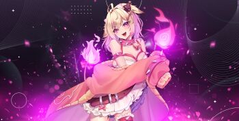 1girl :d absurdres ahoge animal_collar armlet bare_shoulders bell belt belt_buckle blonde_hair blurry bokeh bomb_hair_ornament bow breasts brown_belt buckle circle cleavage coat collar commentary cow_horns cowbell cowboy_shot crop_top depth_of_field english_commentary fangs fiery_tail fire frilled_skirt frills grey_background hair_intakes hair_ornament head_tilt highres horns indie_virtual_youtuber jewelry light_blush light_particles long_hair looking_at_viewer maka_aratame medium_breasts multicolored_hair official_art open_mouth orange_coat pink_background pink_bow pink_collar pink_eyes pink_fire pink_hair rosiebellmoo second-party_source skirt sleeves_past_fingers sleeves_past_wrists smile solo spiked_armlet spiked_collar spikes square standing tail tail_bow tail_ornament tail_raised tsurime two-tone_background two-tone_hair v-shaped_eyebrows white_horns white_skirt x_hair_ornament