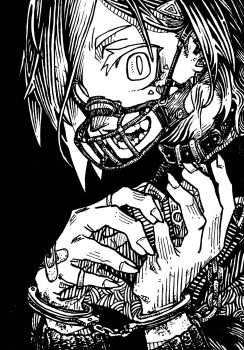 Rule 34 | 1girl, absurdres, ange katrina, ange katrina (1st costume), bandaid, bandaid on hand, collar, commentary request, crossed bandaids, cuffs, greyscale, hair ornament, handcuffs, hands up, hatching (texture), highres, linear hatching, long sleeves, looking at viewer, monochrome, muzzle (mask), nijisanji, open mouth, shou-star, slit pupils, solo, teeth, traditional media, triangle hair ornament, upper body, virtual youtuber