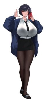 1girl absurdres amx1375 black_hair black_necktie black_sandals black_skirt blue_jacket bra_visible_through_clothes breasts brown_pantyhose cellphone closed_eyes closed_mouth collared_shirt commentary dress_shirt english_commentary full_body hands_up highres holding holding_phone huge_breasts jacket long_sleeves miniskirt mole mole_under_each_eye mole_under_eye multiple_moles narrow_eyes_oc_(amx1375) necktie open_clothes open_jacket original pantyhose phone red_nails sandals shirt shirt_tucked_in short_hair simple_background skirt smartphone smile solo standing white_background white_shirt