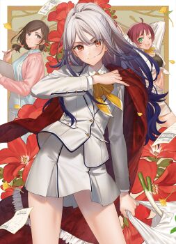 3girls ;d absurdres ahoge akuyaku_reijou_shomin_ni_ochiru bag blazer blue_hair bow cardigan clipboard clothes_on_shoulders collared_shirt coupon cowboy_shot flower flyer green_eyes hair_bow hair_ornament hairclip highres jacket kippu midriff multiple_girls navel one_eye_closed open_mouth petals pink_cardigan plastic_bag pleated_skirt purple_eyes purple_hair red_eyes school_uniform shirt silver_hair skirt smile spring_onion tied_shirt