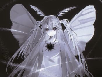 1girl antennae arthropod_girl black_background breasts chinese_commentary commentary_request dress greyscale hair_between_eyes hatsune_miku heart highres insect_girl insect_wings long_hair looking_at_viewer monochrome moth_antennae moth_girl moth_wings no_nose shui_ji_xing sidelocks sleeveless sleeveless_dress small_breasts solo spot_color stuckmoth_(vocaloid) two_side_up upper_body very_long_hair vocaloid wings