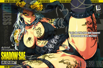 Rule 34 | 1girl, absurdres, animal skull ornament, armlet, artist name, belt, black armlet, black belt, black choker, black dress, black eyeliner, black garter straps, black gloves, black hat, black lips, black panties, black thighhighs, breasts, breasts apart, butterfly ornament, card in hat, centipede tattoo, chain, character name, choker, clitoral piercing, collarbone, covered pussy, cross, cross earrings, defaultz, dress, earrings, elbow gloves, english text, eyeliner, female pubic hair, flower, garter straps, gloves, grey hair, hat, highres, huge breasts, jewelry, makeup, mixed-language text, navel piercing, niijima sae, panties, parted lips, patreon username, persona, persona 5, piercing, pubic hair, pussy piercing, rose, royal flush, see-through clothes, see-through panties, shadow (persona), shadow sae, skull tattoo, snake tattoo, spider tattoo, spiked armlet, spiked belt, spiked choker, spiked thigh strap, spikes, spread pussy, stud earrings, sun hat, tattoo, thighhighs, underwear, yellow eyes, yellow flower, yellow rose, zenless zone zero