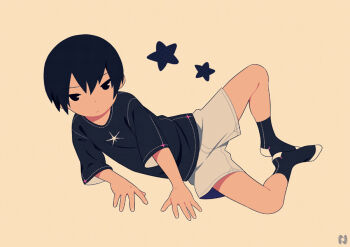 1boy black_eyes black_hair child closed_mouth light_frown looking_at_viewer male_focus noeyebrow_(mauve) original shirt short_hair shorts simple_background socks solo star_(symbol) t-shirt