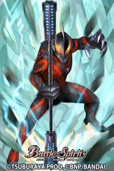 Rule 34 | 1boy, alien, battle spirits, black skin, claws, color timer, colored skin, commentary request, copyright logo, copyright name, copyright notice, dai-kaijuu battle ultra ginga densetsu the movie, destruction, electricity, giant, giant of light, giga battlenizer, holding, holding polearm, holding weapon, land of light, logo, multicolored skin, official art, polearm, red skin, shousuke (skirge), solo, ultra galaxy (series), ultra series, ultraman belial, weapon