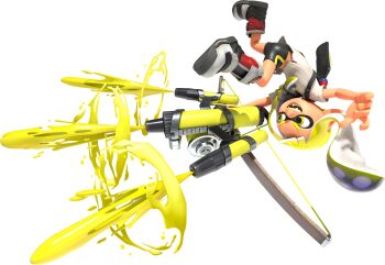 1girl 3d bare_arms bike_shorts blonde_hair boots braid dynamic_pose eye_mask eyebrow_cut firing full_body gradient_hair grey_boots highres holding holding_weapon ink_tank_(splatoon) inkling inkling_girl inkling_player_character long_hair long_pointy_ears looking_ahead mask midair multicolored_hair nintendo official_art open_mouth pointy_ears shirt short_eyebrows short_hair_with_long_locks side_braid sidelocks smile solo splatoon_(series) splatoon_3 spotted_hair t-shirt tentacle_hair thick_eyebrows torn_clothes transparent_background tri-stringer_(splatoon) two-tone_hair upside-down v-shaped_eyebrows veronika_(splatoon) weapon white_shirt yellow_eyes