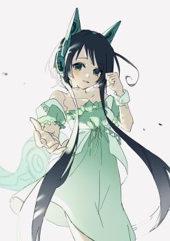 1girl absurdres blue_hair commentary_request detached_sleeves dress fpcaqz green_dress green_eyes headphones highres outstretched_arm prima short_hair_with_long_locks solo vocaloid white_background wrist_cuffs