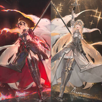 2girls absurdres accelerator1111 ahoge arm_up armor armored_boots armored_dress armpits black_gloves blonde_hair blue_eyes boots breastplate breasts brown_hair chain commentary_request detached_sleeves dress english_text fate/apocrypha fate/grand_order fate_(series) faulds fur-trimmed_thighhighs fur_trim gauntlets gloves greaves headpiece highres jeanne_d'arc_(fate) jeanne_d'arc_(ruler)_(fate) jeanne_d'arc_(third_ascension)_(fate) jeanne_d'arc_alter_(avenger)_(fate) jeanne_d'arc_alter_(fate) long_hair looking_at_viewer luminosite_eternelle medium_breasts multiple_girls open_mouth polearm reflection standard_bearer teeth thighhighs thighs translation_request very_long_hair weapon yellow_eyes