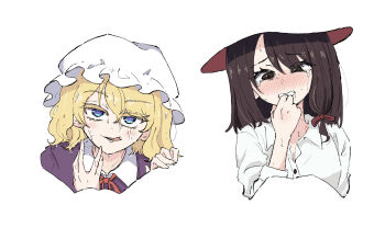 2girls after_cunnilingus after_fingering bite_mark bite_mark_on_neck blending blonde_hair blush brown_eyes brown_hair commentary_request heart heart-shaped_pupils highres long_hair maribel_hearn multiple_girls pussy_juice pussy_juice_on_face pussy_juice_on_fingers saliva shirt simple_background sweat symbol-shaped_pupils tears touhou tsukira_kira usami_renko white_background white_shirt yuri