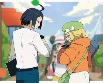 1boy 2girls ahoge animated bag belt bianca_(pokemon) black_belt black_hair blonde_hair blue_pants blurry building cheren_(pokemon) cloud eye_contact falling_leaves glasses green_bag green_hat hat hood hood_down hooded_jacket jacket leaf long_sleeves looking_at_another miiyokoe multiple_girls nintendo orange_jacket pants pokemon pokemon_adventures pokemon_bw2 pokemon_masters_ex red-framed_eyewear rosa_(pokemon) semi-rimless_eyewear shirt short_hair shoulder_bag sky tagme video white_shirt xtransceiver