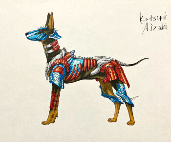 Rule 34 | 1990s (style), aizaki katsumi, animal focus, artist name, closed mouth, colorized, commentary request, cyborg, dog, full body, giten megami tensei: tokyo mokushiroku, highres, marker (medium), megami tensei, newton (megami tensei), no humans, official art, red eyes, retro artstyle, shin megami tensei, simple background, solo, traditional media, white background