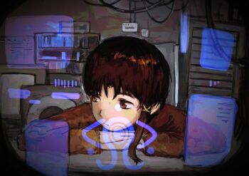 1girl against_desk bookshelf brown_eyes brown_hair brown_shirt brown_sleeves cable closed_mouth computer erzz0357 facing_viewer hair_ornament hashtag-only_commentary head_on_hands highres iwakura_lain long_sleeves looking_to_the_side monitor pov serial_experiments_lain shirt short_hair sitting solo user_interface wire x_hair_ornament