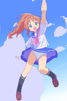 1girl arm_at_side arm_up black_socks blue_sailor_collar blue_skirt blue_sky choppy_bangs clothes_lift cloud commentary commentary_request crotch_seam day english_commentary floating_hair full_body green_eyes hair_ornament hair_scrunchie highres jumping kneehighs loafers long_hair looking_at_viewer midair mixed-language_commentary neckerchief nyoki_naioki open_mouth orange_hair original outdoors panties pantyshot pink_neckerchief pink_scrunchie pleated_skirt ponytail red_shoes sailor_collar school_uniform scrunchie serafuku shirt shoes short_sleeves skirt skirt_lift sky smile socks solo straight_hair summer_uniform underwear white_panties white_shirt wind wind_lift