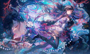 1girl absurdres asymmetrical_gloves black_boots black_gloves black_hair black_thighhighs boots breasts cleavage closed_eyes closed_mouth dress full_body gloves high_heel_boots high_heels highres honkai:_star_rail honkai_(series) hysilens_(honkai:_star_rail) long_hair maccha_(mochancc) mismatched_gloves multicolored_hair multiple_views parted_lips purple_eyes purple_hair red_gloves second-party_source shrug_(clothing) thighhighs torn_clothes torn_thighhighs very_long_hair