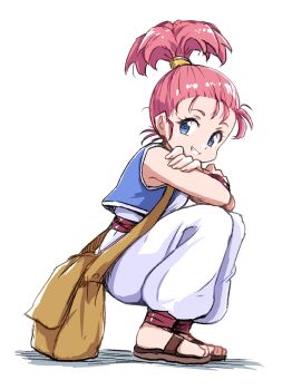 Rule 34 | 1girl, bag, blue eyes, blue vest, commentary request, dragon quest, dragon quest iii, grin, handbag, high ponytail, highres, ikaringo (ikaringo4444), merchant (dq3), pants, pink hair, ponytail, sandals, shirt, short ponytail, simple background, smile, solo, squatting, vest, white background, white pants, white shirt