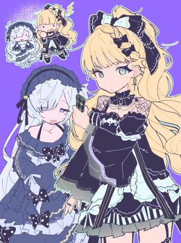 Rule 34 | 2girls, black bow, black dress, blonde hair, blue dress, blue eyes, blue hairband, bow, choker, closed mouth, cowboy shot, detached sleeves, dress, earrings, frilled choker, frilled dress, frills, gothic lolita, hair bow, hair over one eye, hairband, highres, holding, holding phone, jewelry, lolita fashion, lolita hairband, long hair, long sleeves, looking at viewer, mahou shoujo no majo saiban, multiple girls, natsume an-an, open mouth, phone, polka dot, polka dot bow, purple eyes, saeki miria, short dress, sleeves past fingers, sleeves past wrists, standing, very long hair, waa (xhs 400726957), white hair