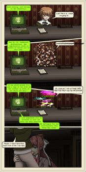 1girl 2boys alter_ego bottomless brown_hair clipboard closed_eyes commentary computer danganronpa_(series) desk doki_doki_literature_club english_commentary english_text fellatio fictional_persona fujisaki_chihiro glitch green_eyes hair_ribbon highres laptop looking_at_another looking_at_viewer monika_(doki_doki_literature_club) multiple_boys nameplate oral orgasm_denial paperwork public_indecency red_hair ribbon screaming speech_bubble strip_poker_night_at_the_inventory sweatdrop the_inventory_(setting) wallpaper_(object) welcome zalgo zeusesswansong