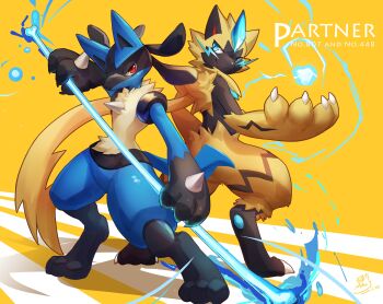 absurdres animal_ears black_eyes black_fur blue_eyes blue_fur bone cat_ears claws english_text full_body gen_4_pokemon gen_7_pokemon highres legendary_pokemon lucario mao.j mao_jjj multicolored_fur mythical_pokemon nintendo numbered pokemon pokemon_(creature) red_eyes signature simple_background smile spikes standing tail whiskers yellow_background yellow_fur zeraora