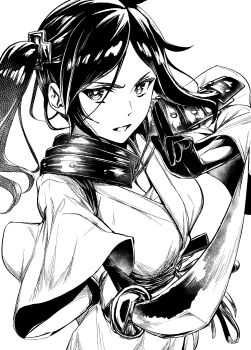 1girl absurdres aiming aiming_at_viewer armor breasts dungeon_ni_deai_wo_motomeru_no_wa_machigatteiru_darou_ka greyscale hair_between_eyes hand_up high_side_ponytail highres holding holding_sword holding_weapon japanese_armor japanese_clothes kimono kuji-in large_breasts long_sleeves medium_hair monochrome noshiro_tomoya obi obijime open_mouth sash shoulder_armor side_ponytail simple_background sode solo sword weapon white_background wide_sleeves yamato_mikoto