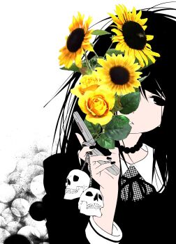 Rule 34 | 1girl, bead necklace, beads, black eyes, black hair, black sweater, cellphone, character request, collared shirt, copyright request, flip phone, flower, hand up, highres, holding, holding phone, insomnia (insomnia plus), jewelry, long hair, long sleeves, necklace, parted lips, phone, portrait, shirt, simple background, skull charm, solo, sunflower, sweater, white background, white shirt, yellow flower