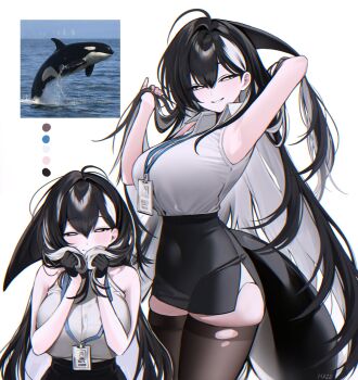 1girl adjusting_hair ahoge animal_ears armpits black_gloves black_hair black_skirt black_thighhighs breasts cetacean_tail colored_inner_hair covered_navel fins fish_tail gloves grin hair_between_eyes half_gloves haze_(7h4ze) highres holding holding_own_hair huge_breasts lanyard long_hair looking_at_viewer multicolored_hair multiple_views orca orca_girl original parted_lips reference_inset shirt simple_background skirt sleeveless smile tail thighhighs torn_clothes torn_thighhighs white_background white_hair white_shirt