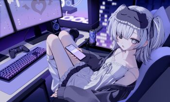 1girl absurdres bare_shoulders black_cardigan black_eyes camisole can cardigan cellphone chair commission computer computer_keyboard controller desk dress energy_drink fang frills game_controller grey_cardigan grey_eyes grey_hair headphones heterochromia highres holding holding_phone indoors jacket leg_warmers looking_at_viewer loose_socks mask mask_on_head medium_hair monitor monster_energy off_shoulder on_chair open_cardigan open_clothes open_mouth original parted_lips phone sitting skeb_commission skin_fang sleep_mask smartphone socks solo squallea two_side_up white_dress white_hair white_socks