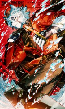 1boy absurdres animal_ears bikkusama black_gloves black_hair black_jacket black_pants bottle coca-cola commentary_request copyright_name eyewear_on_head fingerless_gloves furry furry_male gloves guest_art highres holding holding_bottle holding_jacket holding_unworn_clothes jacket jewelry looking_at_viewer male_focus mechanical_legs necklace pants parted_lips red_eyes shirt soda_bottle solo sunglasses tail unworn_jacket von_lycaon white_hair wolf_boy wolf_ears wolf_tail zenless_zone_zero