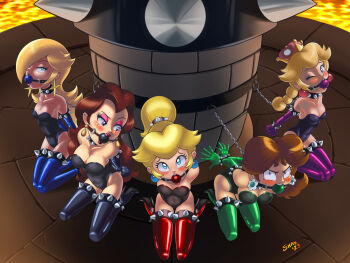 Rule 34 | 5girls, angry, arms behind back, ball gag, bdsm, blonde hair, blue eyes, blush, bondage, bound, breasts, brown hair, captured, castle, chain, chained, cleavage, collar, gag, imminent rape, lava, leash, mario (series), multiple girls, new super mario bros. u deluxe, nintendo, one eye closed, pauline (mario), peachette, princess, princess daisy, princess peach, rape dungeon, rosalina, shaxbert, signature, slave, super mario bros. 1, super mario galaxy, super mario land, super mario odyssey, take your pick, wink